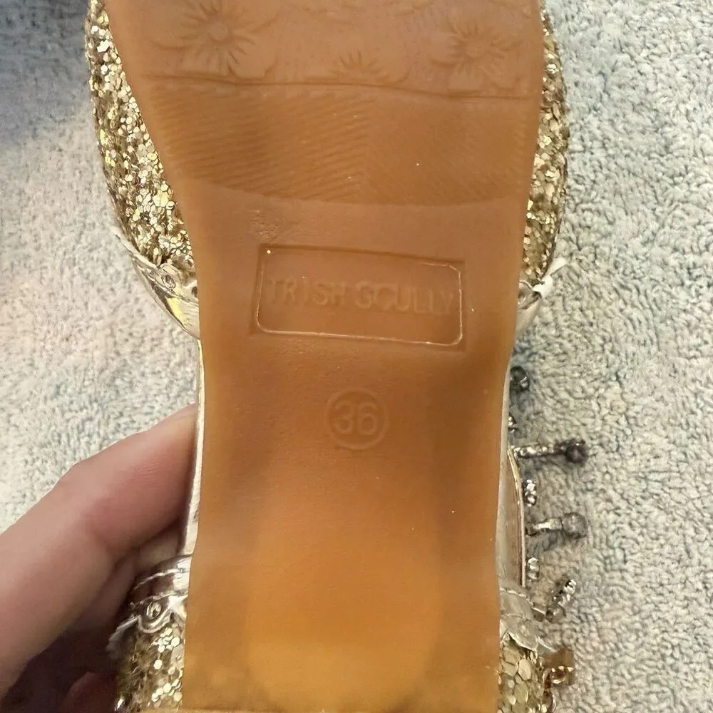 Trish Scully Gold Girls Shoes 4 Heels Butterfly Rhinestone Bling Formal Dance 36